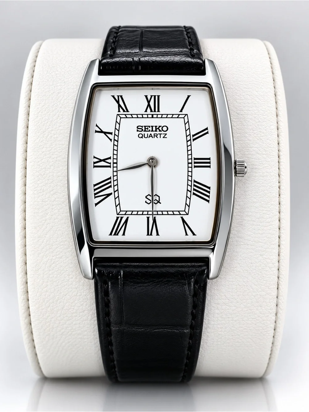 Seiko Silver Case Black Leather Strap Watch - White Dial